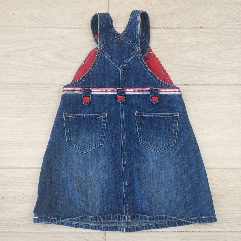 Vintage Gymboree Girls Denim Overall Dress Size 6‎ Red Trim Whale Print Lining